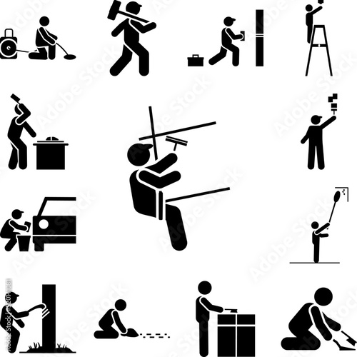 Building, cleaner, rope, window icon in a collection with other items