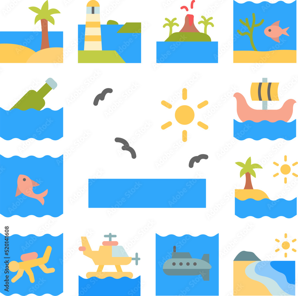 Sun, birds, ocean icon in a collection with other items Sun, birds, ocean icon in a collection with other items