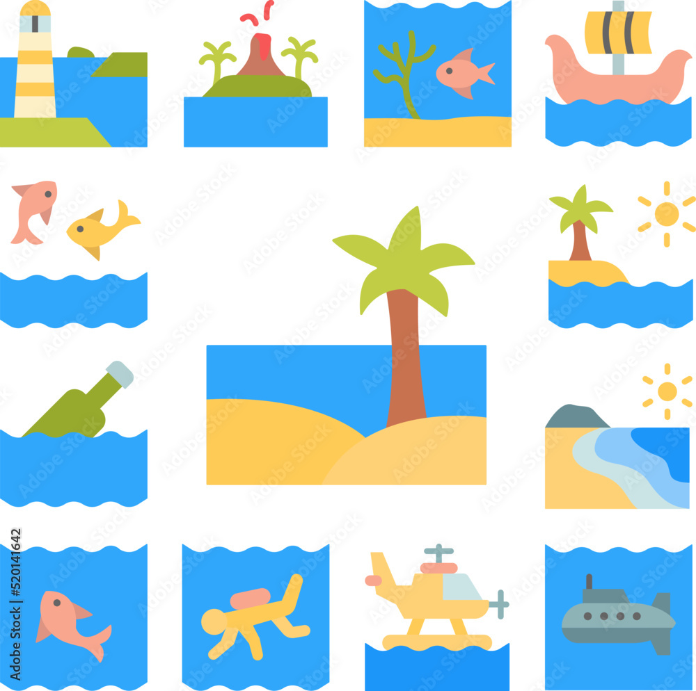 Island, palm, ocean icon in a collection with other items Island, palm, ocean icon in a collection with other items