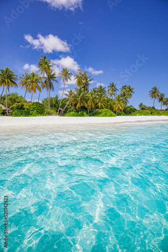 Summer travel background. Exotic tropical beach island, paradise coast. Palm trees white sand, amazing sky ocean lagoon. Fantastic beautiful nature background, sunny day idyllic inspirational vacation