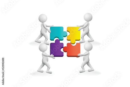 3D small white people solution and finishing a colorful puzzle vector image template with vivid colors