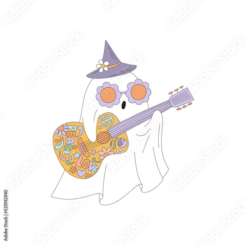 Retro 70s 60s Hippie Groovy Halloween Ghost with guitar vector illustration isolated on white. Flower power floral shades witch hat spook print for T-shirt design.