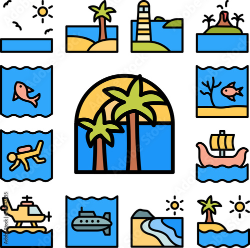Palms, sun, ocean icon in a collection with other items