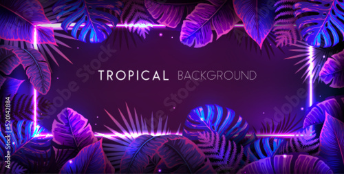 Summer background with neon frame and  fluorescent tropic leaves. Nature concept. Vector illustration