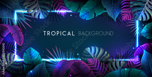 Summer background with neon frame and  fluorescent tropic leaves. Nature concept. Vector illustration
