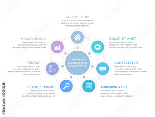 Circle diagram template with seven steps or options, process infographics
