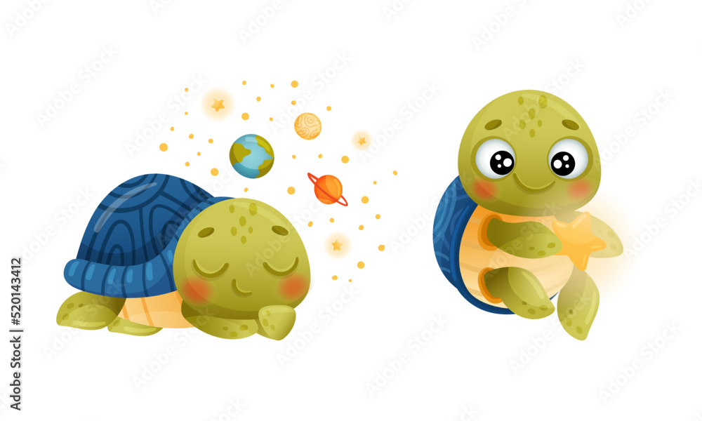 Obraz premium Cute Green Turtle Dreaming of Outer Space and Holding Star Vector Set
