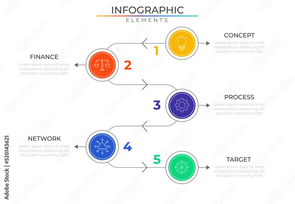 Fototapeta premium Five steps timeline infographic elements concept design vector with icons. Business workflow network project template for presentation and report.