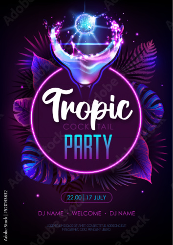 Summer tropic cocktail party poster with fluorescent tropic leaves and disco ball. Nature concept. Summer background. Vector illustration