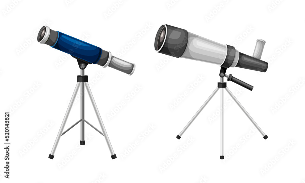 Monocular on Tripod as Refracting Telescope for Viewing Distant Object Vector Set Monocular on Tripod as Refracting Telescope for Viewing Distant Object Vector Set