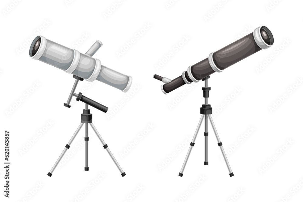 Monocular on Tripod as Refracting Telescope for Viewing Distant Object Vector Set Monocular on Tripod as Refracting Telescope for Viewing Distant Object Vector Set