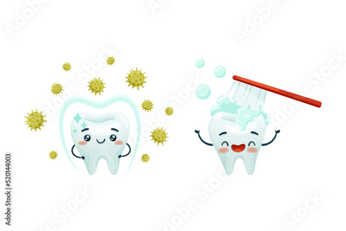 Dental Care with Cute Funny Tooth Character Brushed by Toothbrush and Under Protection Against Bacteria Vector Set