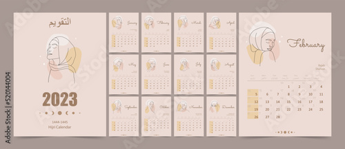Hijri islamic and gregorian calendar 2023. From 1444 to 1445 vector template with abstract arabic women faces in one line style. Week starting on sunday. Flat minimal desk or wall picture design. photo