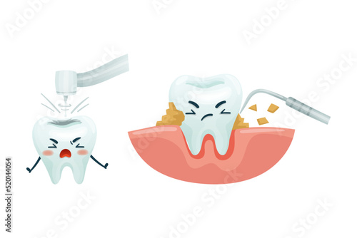 Dental Care with Cute Funny Tooth Character with dentist drill and Tool Removing Calculus Vector Set