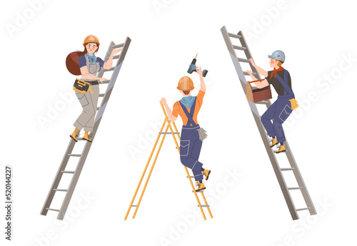 Man and Woman Builder Character Standing on Ladder with Drill and Toolbox Building House Vector Set
