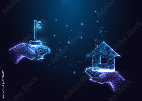 Real estate, home purchase concept with hands holding house and key in futuristic glowing style