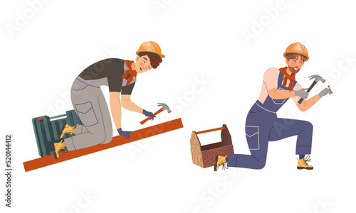 Man Builder Character Nailing with Hammer Building House Vector Set