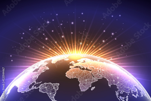 Planet Earth map view from space with sunrise concept banner in futuristic glowing style on purple 