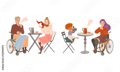 People Characters Sitting at Table in Street Cafe or Restaurant Talking and Drinking Coffee Vector Set