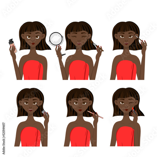 Female dark-skinned character with makeup steps. Cartoon style. Vector illustration.