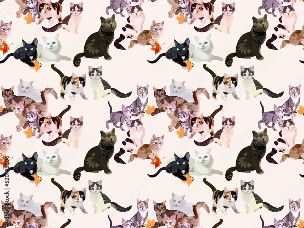 Seamless pattern with a group of cats of different breeds on a white background in vector. Print for textiles, bed linen with symbols of the Chinese year of the cat, 2023.