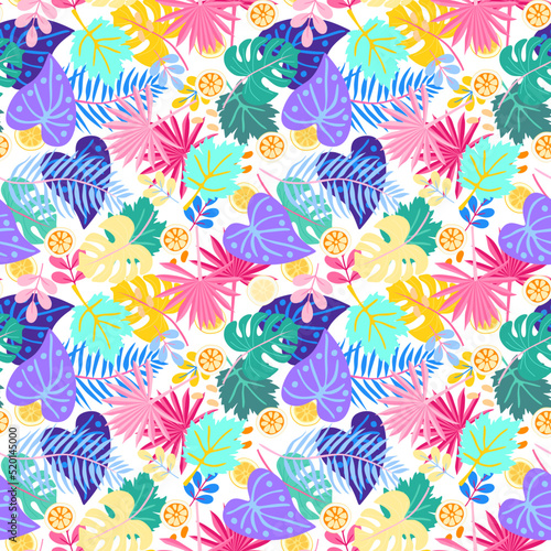 Multicolor layered seamless print for fabric with tropical leaves, lemon and orange slices on a white background in vector. Natural exotic pattern.