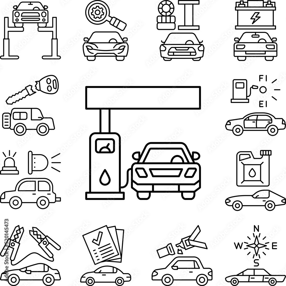 Car in gas station icon in a collection with other items Car in gas station icon in a collection with other items