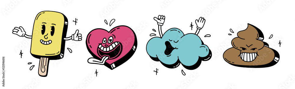 A set of retro cartoon characters from the 30s. Vintage comic smile multicolored vector illustration A set of retro cartoon characters from the 30s. Vintage comic smile multicolored vector illustration