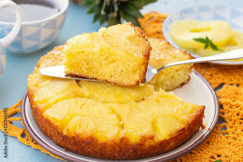 Sweet upside-down cake with pineapples and caramel