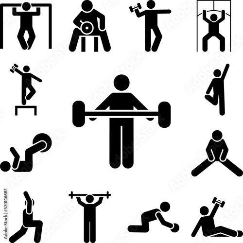 Weight gym man barbell with arrow pictogram icon in a collection with other items