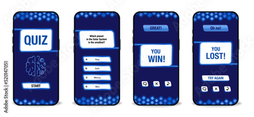 The template of the mobile application interface for the quiz on a dark blue background. Test, exam, questions and answers for a TV show. Vector illustration of EPS10