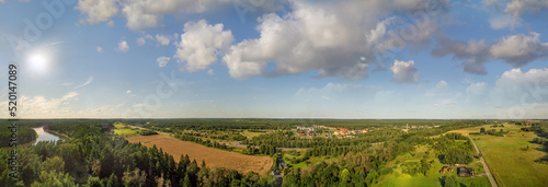 180-degree panoramic view from the 51-meter-high, highest observation tower in Lithuania, the Birstonas observation tower on sunny summer day.