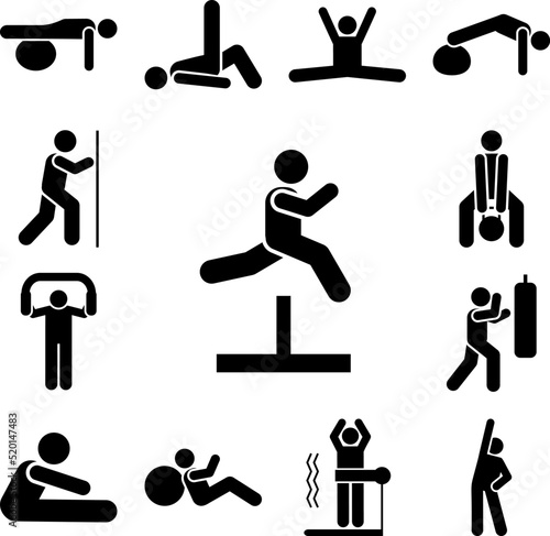 Man sports gym exercise jump with arrow pictogram icon in a collection with other items