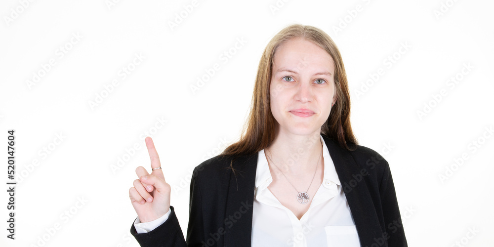 cheerful business woman standing pointing finger side isolated on white background in Education concept cheerful business woman standing pointing finger side isolated on white background in Education concept