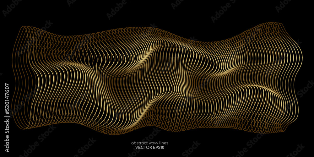 3D Vector wave lines pattern smooth curve flowing dynamic gold gradient light isolated on black background for concept of luxury, technology, digital, communication, science, music