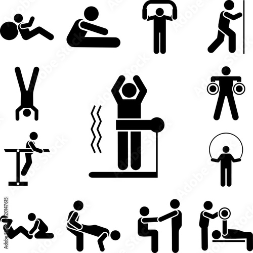 Man sports gym exercise leanness with arrow pictogram icon in a collection with other items
