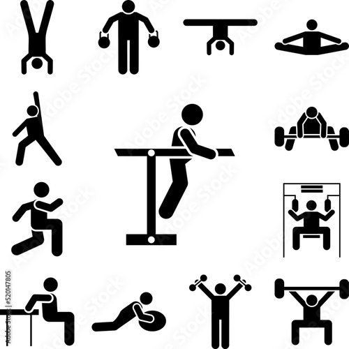 Man dipping bars exercise with arrow pictogram icon in a collection with other items