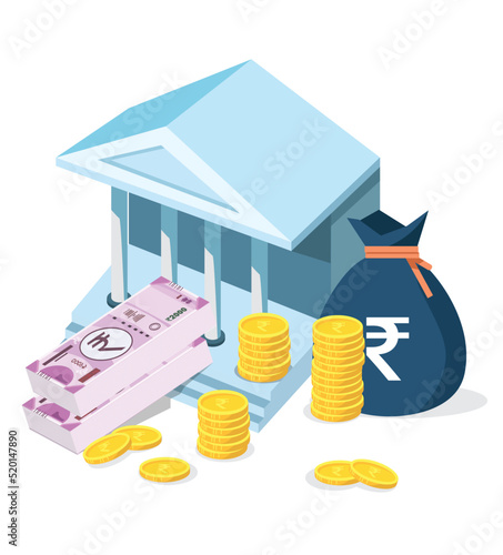 Bank with rupee bundle, money bag  coin
showing NPA, bad loan concept vector illustration