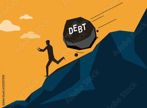 Man running away from debt rock that rolling down to him