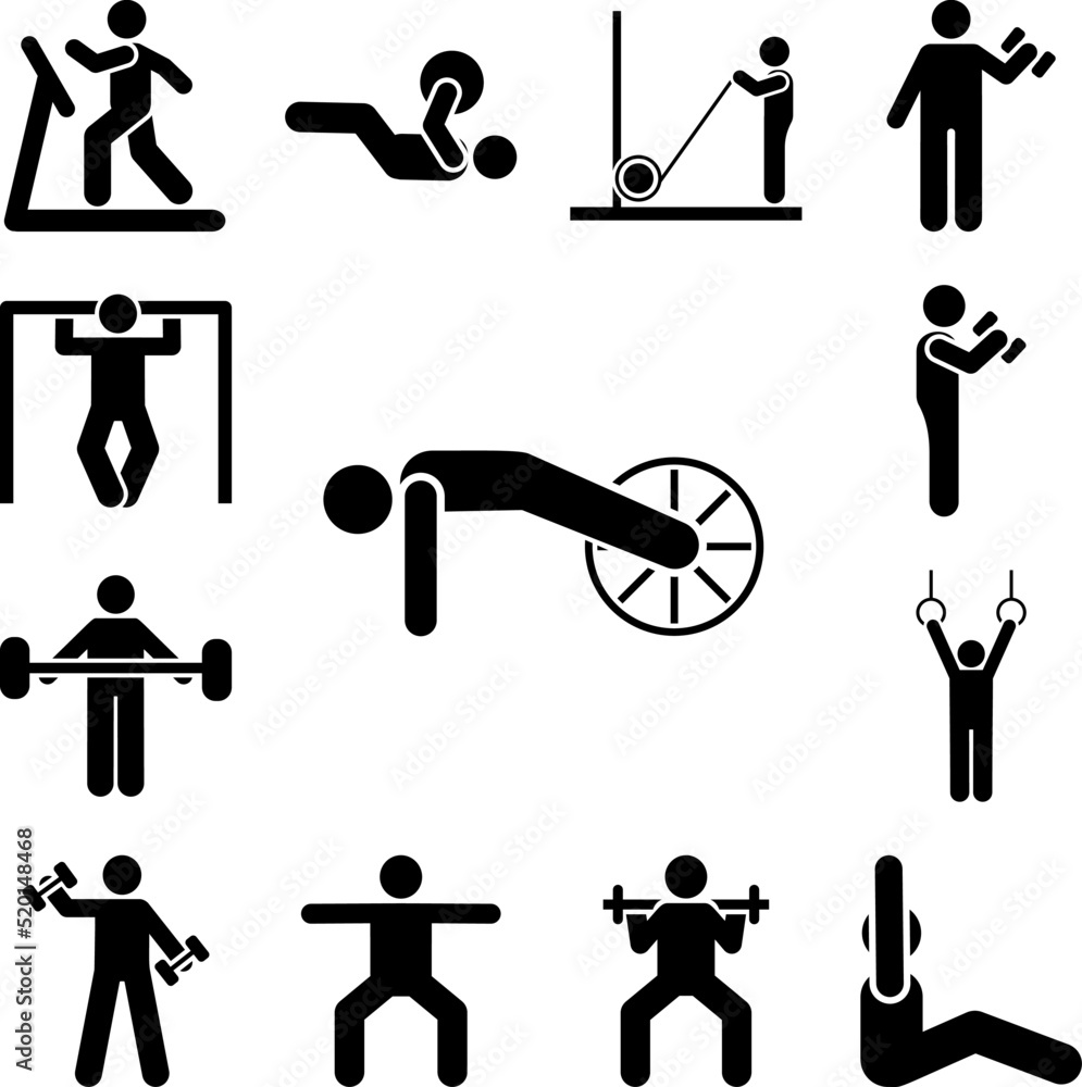 Fototapeta premium Sport gym man exercise with arrow pictogram icon in a collection with other items