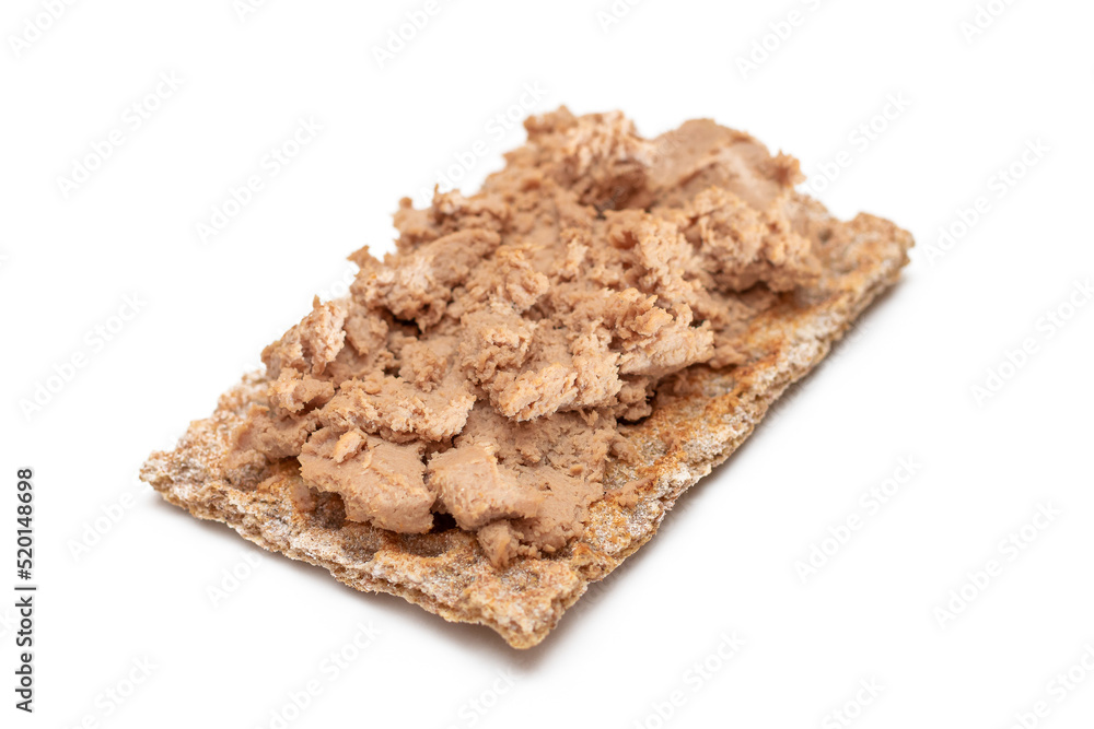 Crispy Sandwich with Chicken Pate Isolated on White Background. Whole Grain Bread with Liver Pate. Diet Breakfast and Healthy Food Crispy Sandwich with Chicken Pate Isolated on White Background. Whole Grain Bread with Liver Pate. Diet Breakfast and Healthy Food