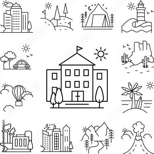 High school building line icon in a collection with other items