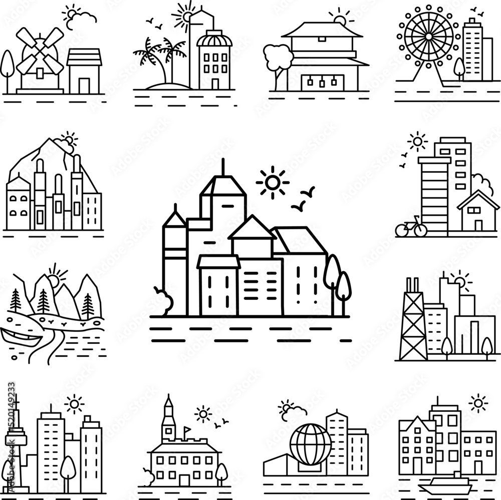 City landscape line icon in a collection with other items