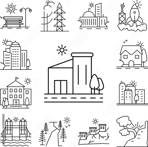 Central street along buildings line icon in a collection with other items