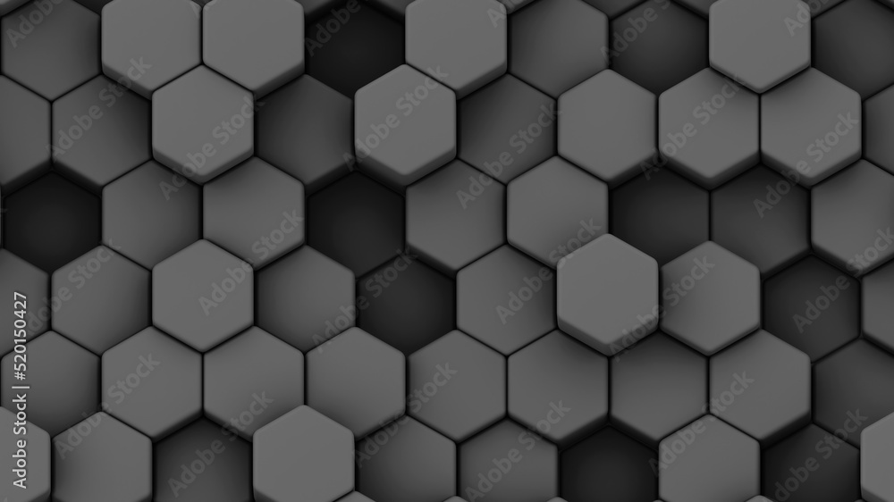 Fototapeta premium Abstract 3D geometric background, black hexagons shapes, 3D dark grey honeycomb pattern render illustration.