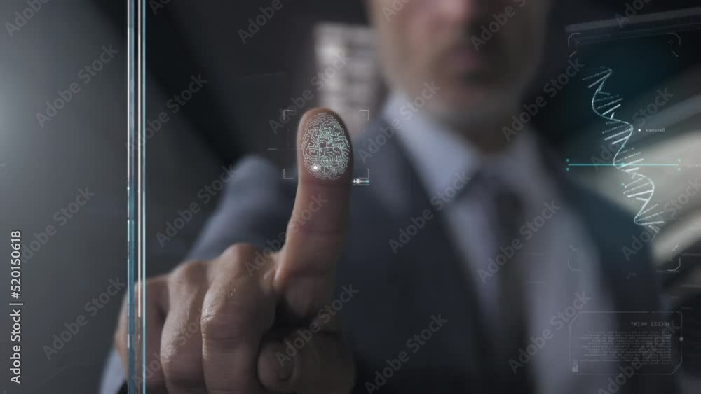 business man gets fingerprint scanner to unlock door,biometric data security control,future digital id identification,businessman touching the screen with his finger to access his identity information