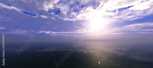 Seascape panorama, sunset in the sea, clouds panorama over water, 3d rendering