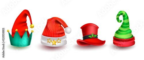 Christmas hat vector set design. 3d christmas hats with pattern elements isolated in white background for xmas costume head dress collection. Vector illustration.
