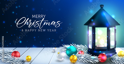 Christmas night vector background design. Merry christmas greeting text with lantern lamp and decoration elements for xmas eve holiday. Vector illustration.
