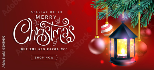 Christmas sale vector banner design. Christmas sale special offer text with lantern lamp seasonal element for xmas shopping holiday promo. Vector illustration.
